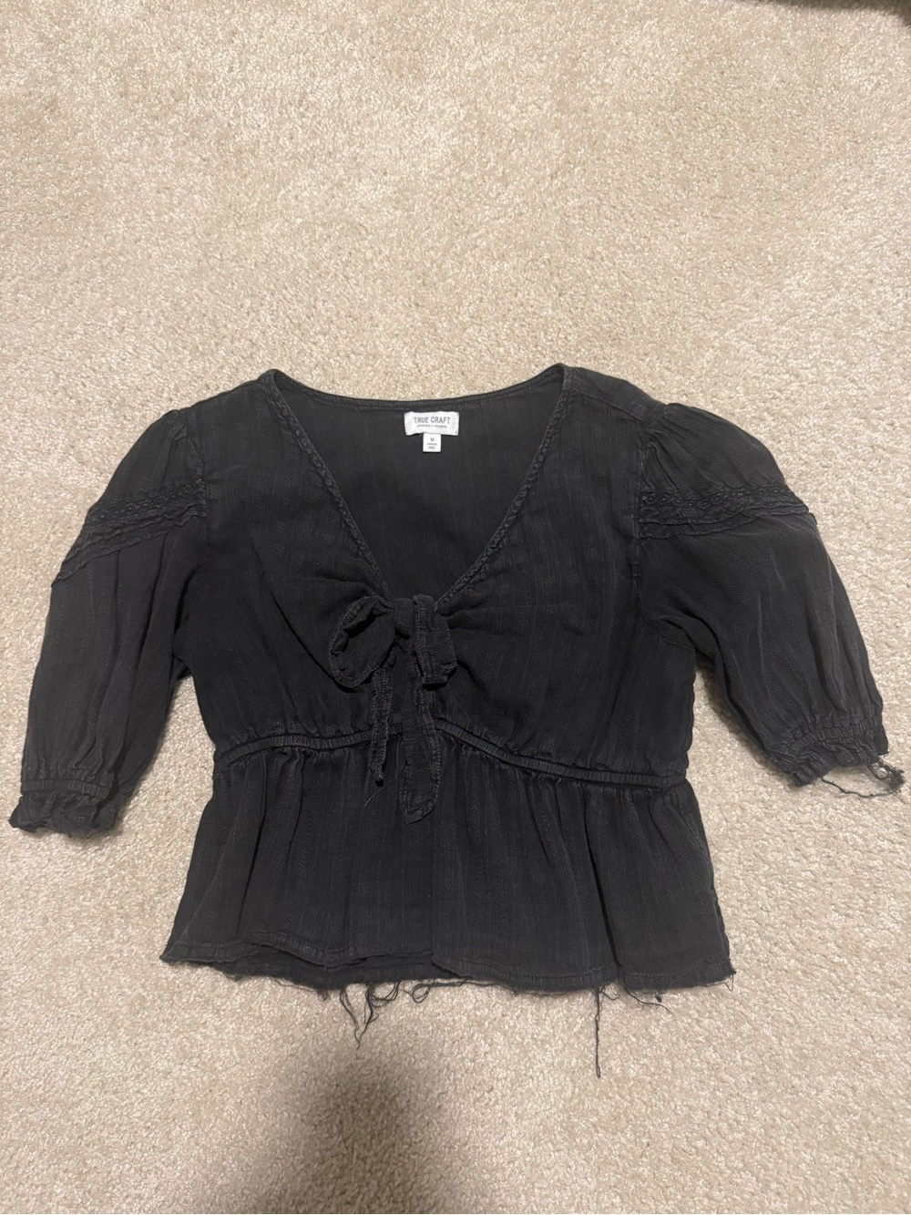 True Craft Black V‑Neck Tie-Front Peasant Blouse